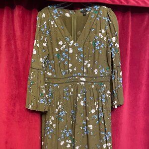 Ann Taylor Olive Green Flower Print Dress Size 6